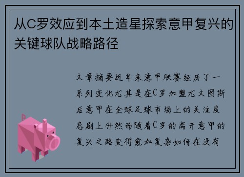 从C罗效应到本土造星探索意甲复兴的关键球队战略路径