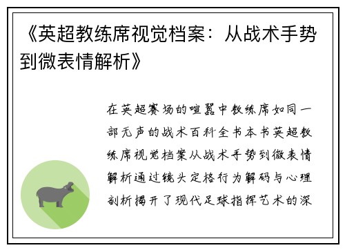 《英超教练席视觉档案：从战术手势到微表情解析》